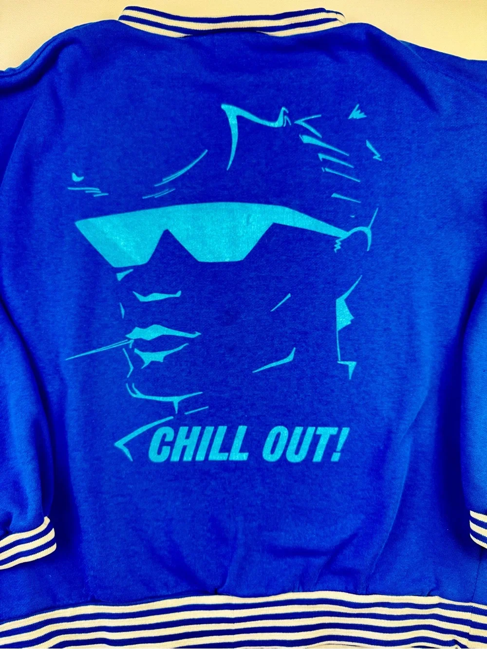 Vintage Chill Out Graphic Varsity Crewneck Sweatshirt Striped Blue Cuffs 1980s